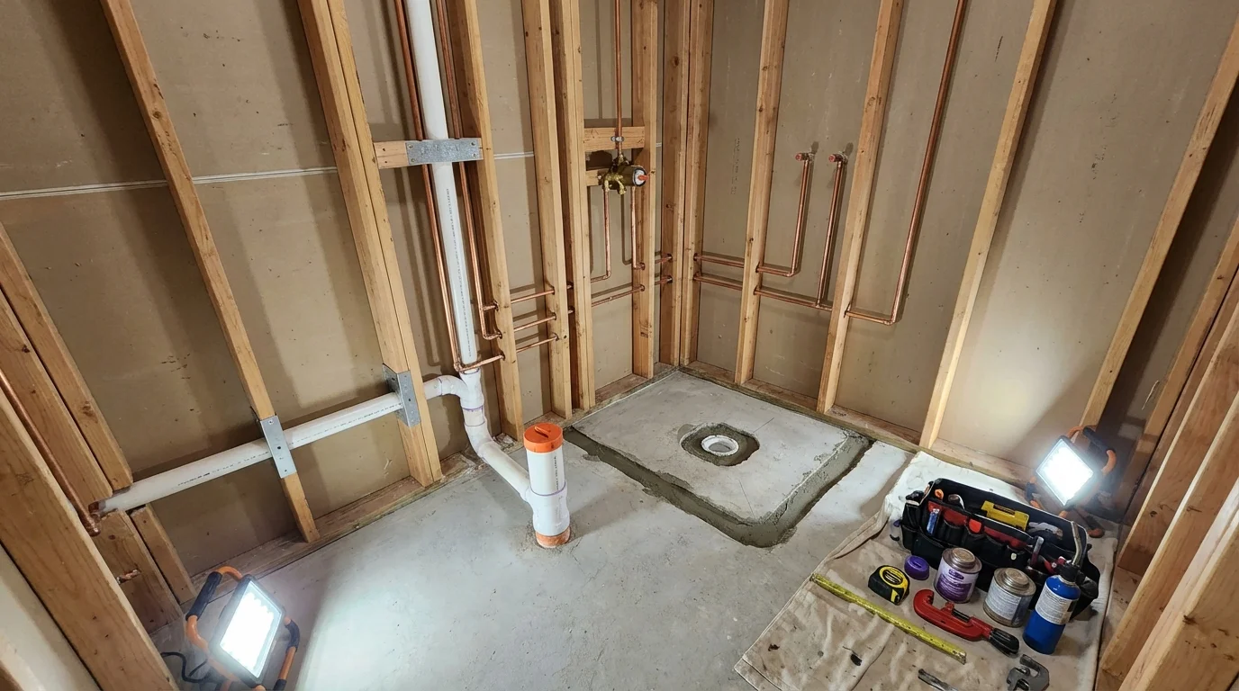 Bathroom rough-in plumbing during remodel by Johns Plumbing LLC in Kountze