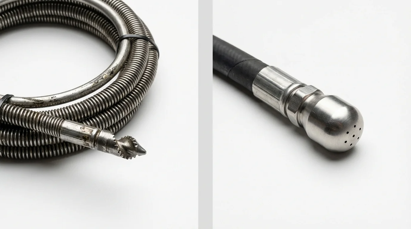 Drain snake cable and hydro jetting nozzle used for drain cleaning in Kountze, TX
