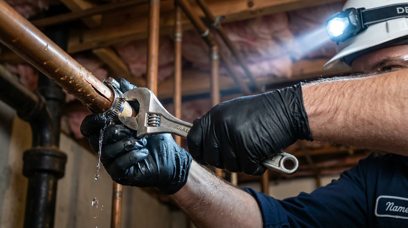 Emergency pipe clamp repair being performed by a Johns Plumbing LLC plumber in Kountze