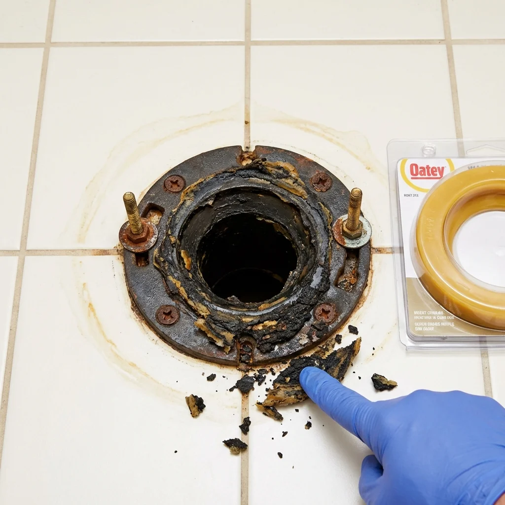 Failed wax ring showing water seepage at the base of a toilet in a Kountze, TX home