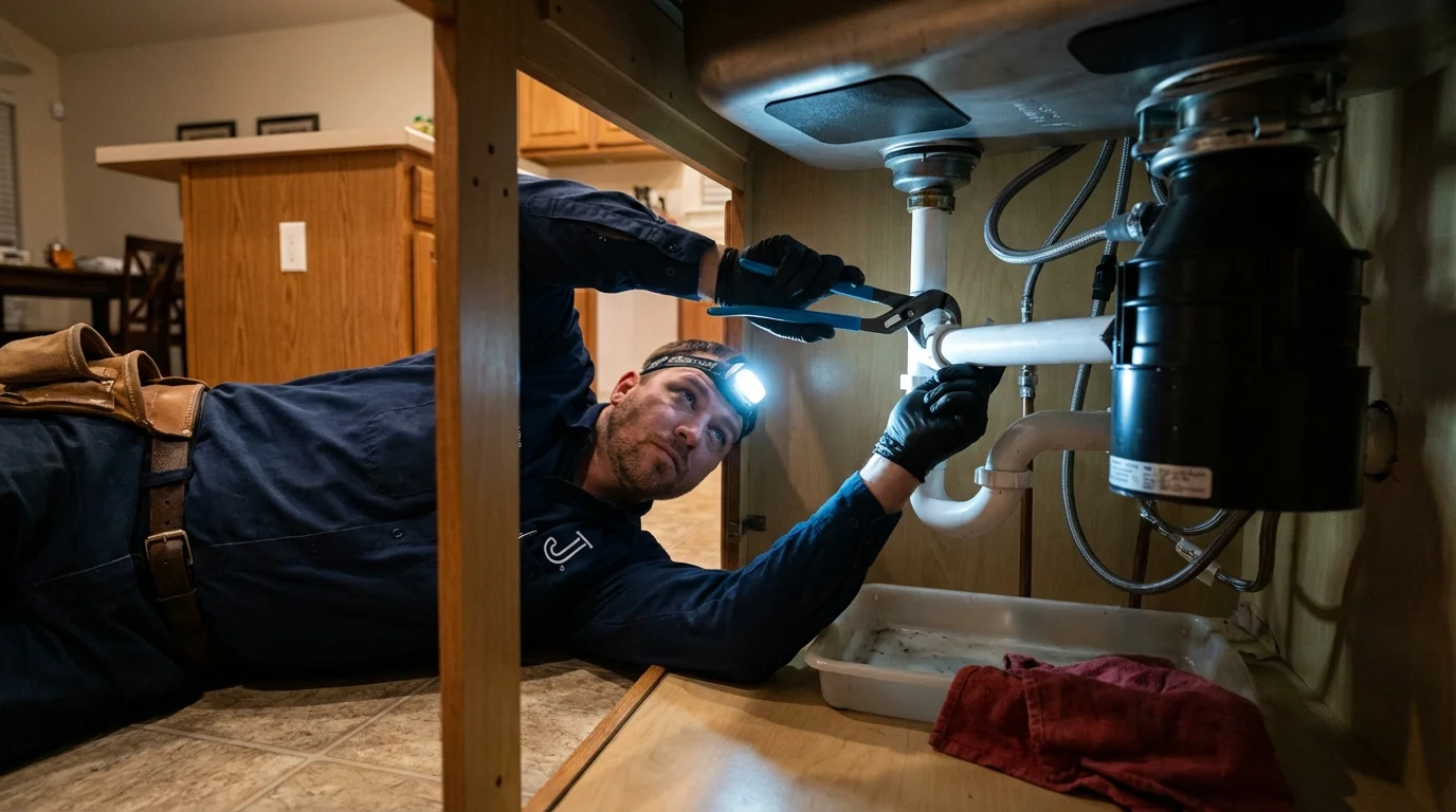 P-trap and supply line connections under a kitchen sink showing a common leak point in Kountze, TX